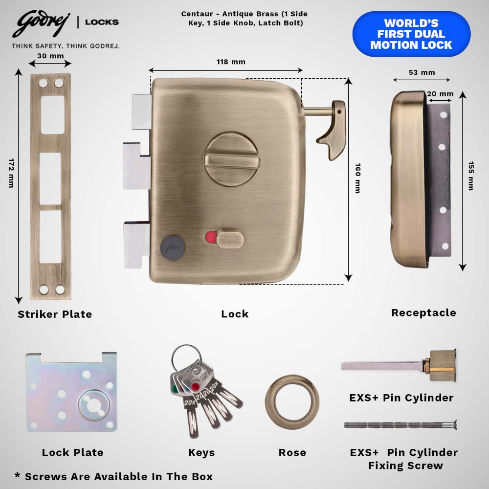 Godrej Rim Lock I Centaur EXS plus I 1CK Latchbolt I for Inside or Outside Opening Door and Left or Right Handed Doors I 4 Keys I 15 Years Warranty I Auto Locking I Free Installation (Antique Brass) 2553