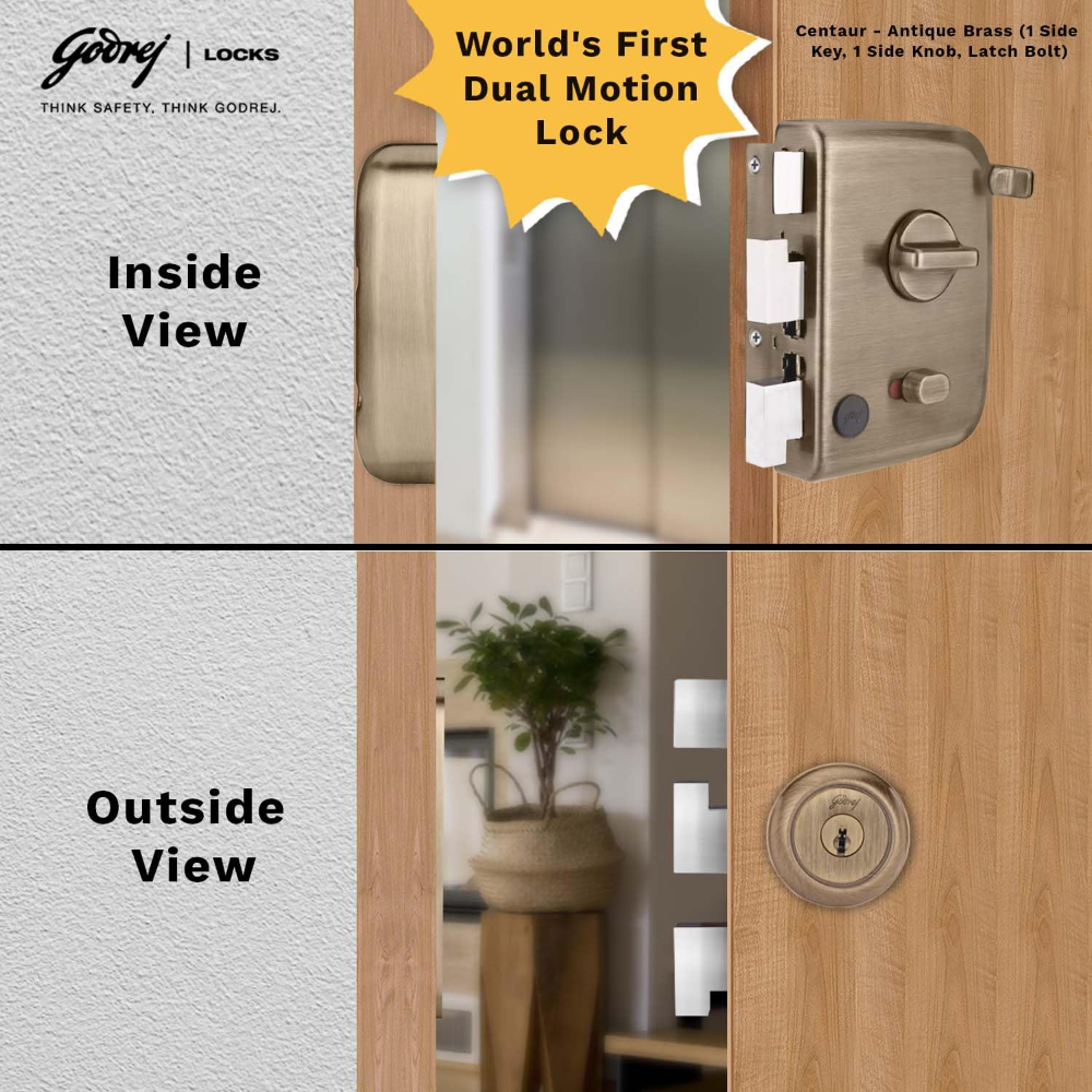 Godrej Rim Lock I Centaur EXS plus I 1CK Latchbolt I for Inside or Outside Opening Door and Left or Right Handed Doors I 4 Keys I 15 Years Warranty I Auto Locking I Free Installation (Antique Brass) 2553