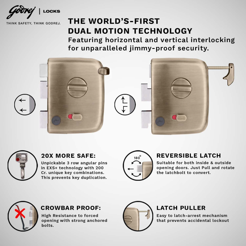Godrej Rim Lock I Centaur EXS plus I 1CK Latchbolt I for Inside or Outside Opening Door and Left or Right Handed Doors I 4 Keys I 15 Years Warranty I Auto Locking I Free Installation (Antique Brass) 2553