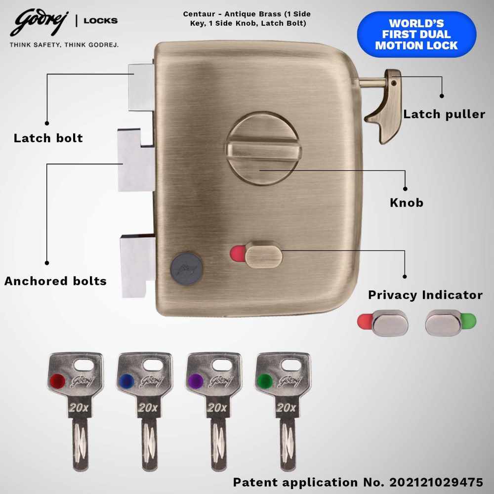 Godrej Rim Lock I Centaur EXS plus I 1CK Latchbolt I for Inside or Outside Opening Door and Left or Right Handed Doors I 4 Keys I 15 Years Warranty I Auto Locking I Free Installation (Antique Brass) 2553