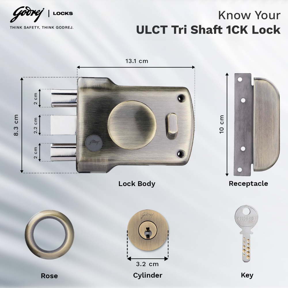 Godrej Rim Lock I ULCT Technology I 1CK Tribolt I for Home Main Door I for Outside Opening Door and Left or Right Handed Doors I 4 Keys I 5 Year Warranty I  Antique Brass Finish |5123