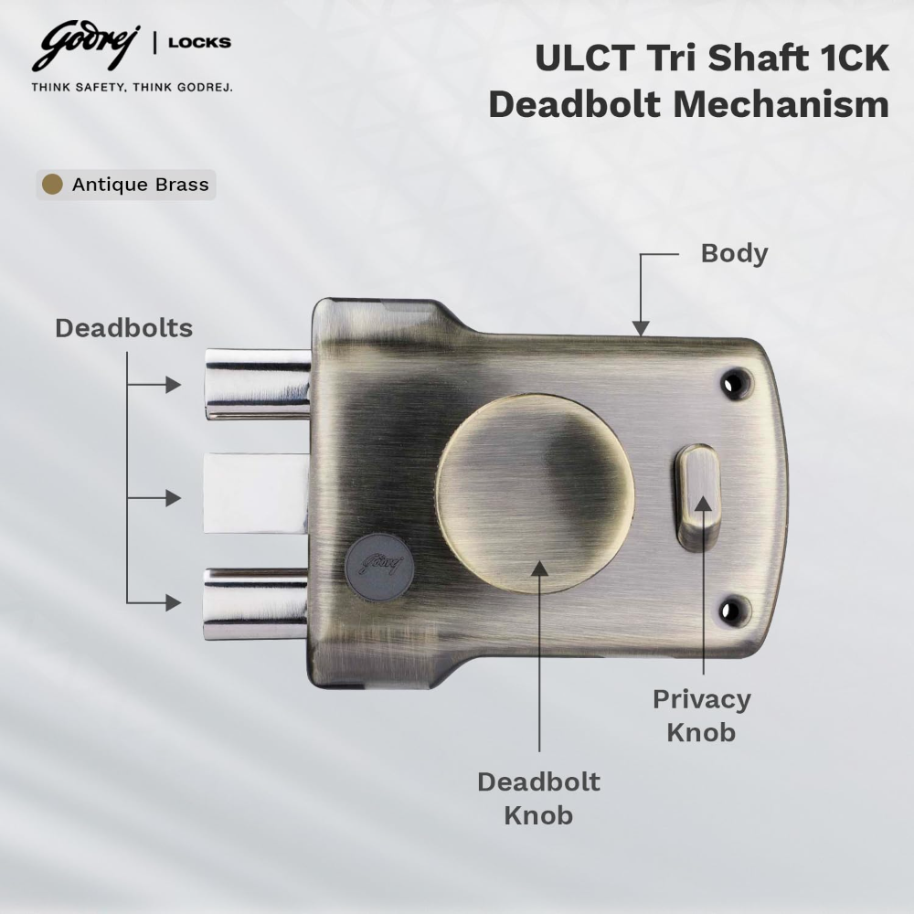Godrej Rim Lock I ULCT Technology I 1CK Tribolt I for Home Main Door I for Outside Opening Door and Left or Right Handed Doors I 4 Keys I 5 Year Warranty I  Antique Brass Finish |5123