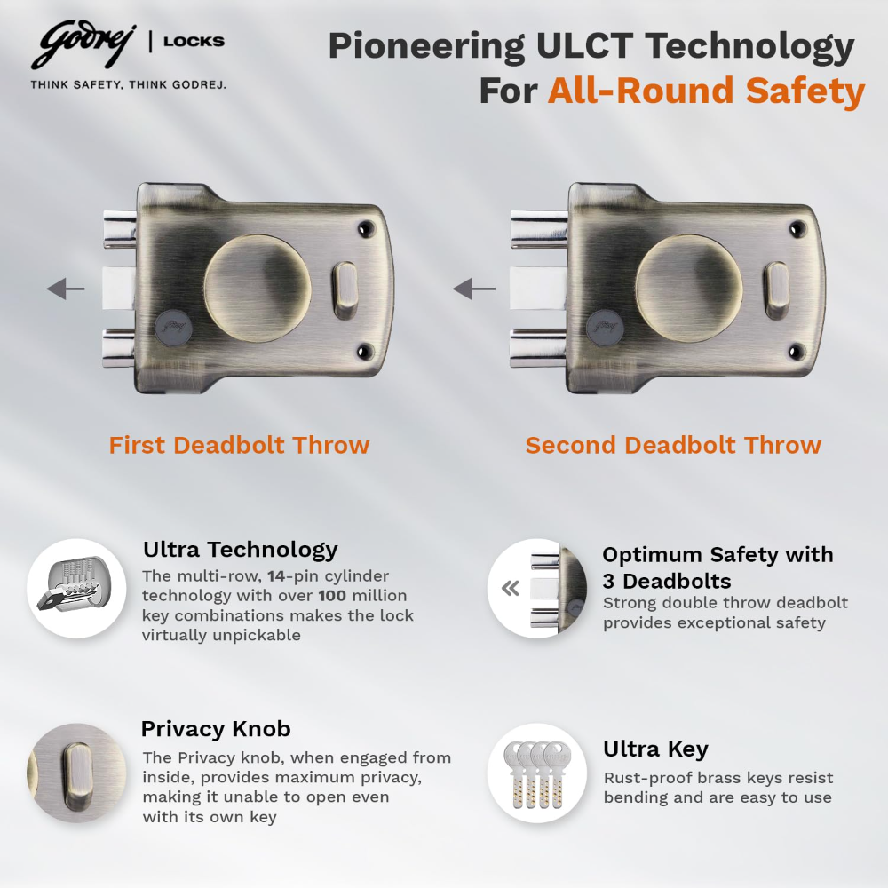 Godrej Rim Lock I ULCT Technology I 1CK Tribolt I for Home Main Door I for Outside Opening Door and Left or Right Handed Doors I 4 Keys I 5 Year Warranty I  Antique Brass Finish |5123