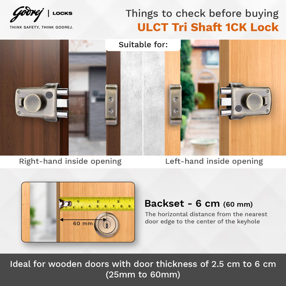 Godrej Rim Lock I ULCT Technology I 1CK Tribolt I for Home Main Door I for Outside Opening Door and Left or Right Handed Doors I 4 Keys I 5 Year Warranty I  Antique Brass Finish |5123