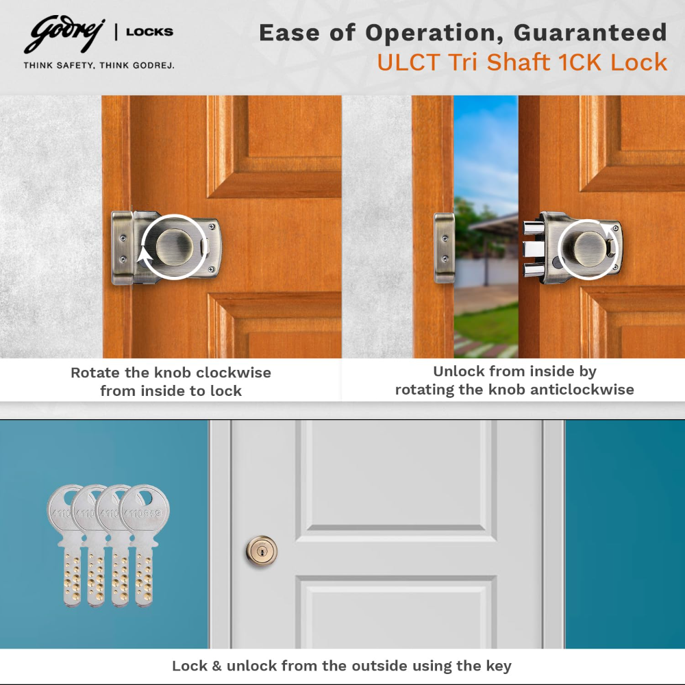 Godrej Rim Lock I ULCT Technology I 1CK Tribolt I for Home Main Door I for Outside Opening Door and Left or Right Handed Doors I 4 Keys I 5 Year Warranty I  Antique Brass Finish |5123