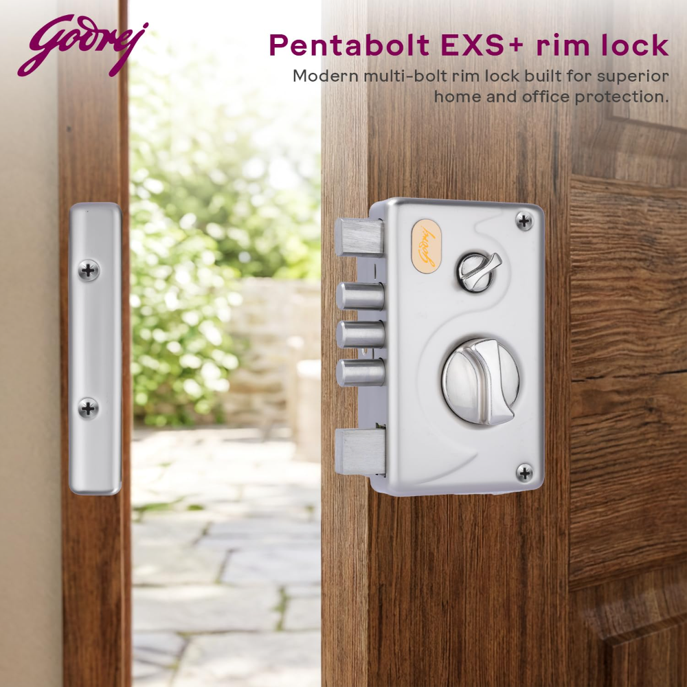 Godrej Rim Lock I Pentabolt EXS plusI 5 Bolts I 1CK Deadbolt I Inside Opening Main Door and Left or Right Handed Door I 4 Keys I 15-Year Warranty I Manual Locking I Satin Nickel Finish 3346