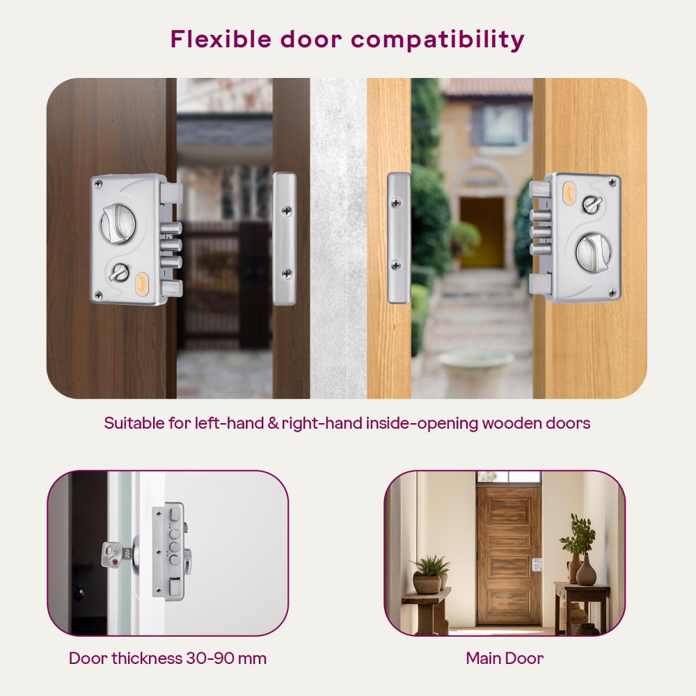 Godrej Rim Lock I Pentabolt EXS plusI 5 Bolts I 1CK Deadbolt I Inside Opening Main Door and Left or Right Handed Door I 4 Keys I 15-Year Warranty I Manual Locking I Satin Nickel Finish 3346