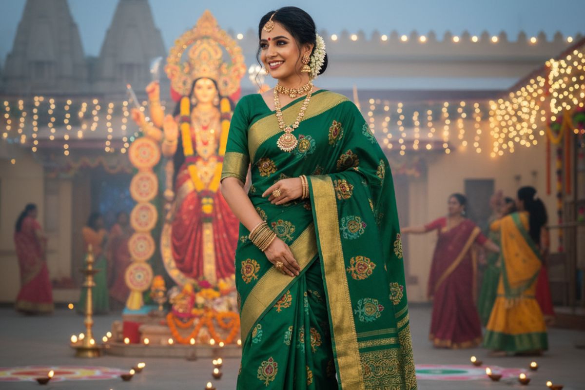 Green Saree With Golden Border
