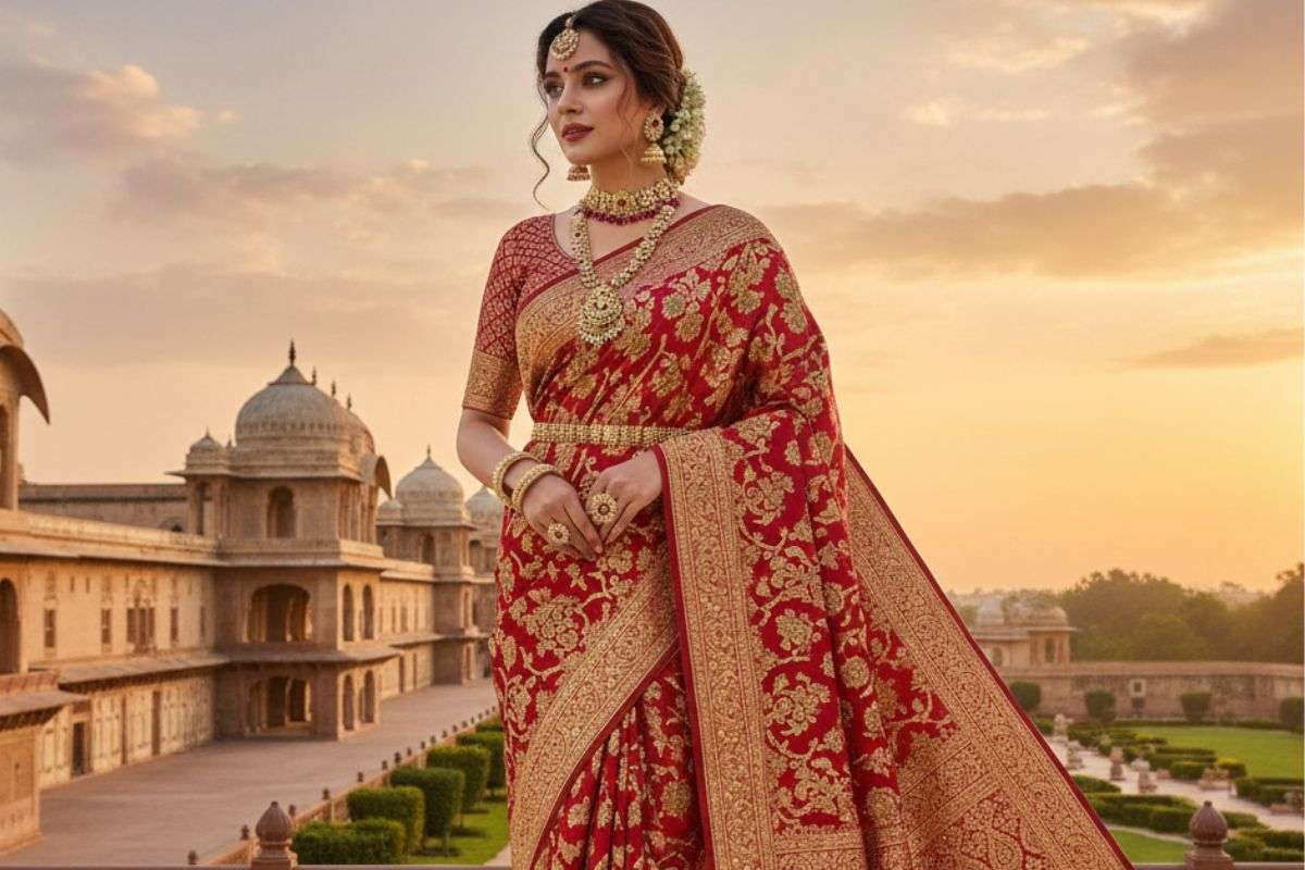 red golden saree design