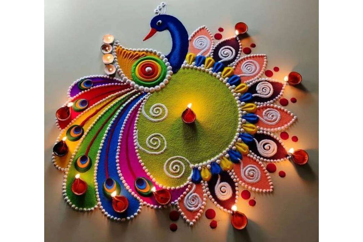 Beautiful Rangoli Designs For Office: ऑफिस को दे एकदम दिवाली वाली वाइब - बनाएं ये 5 खूबसूरत रंगोली डिजाइन 5 Peacock Rangoli Design Min