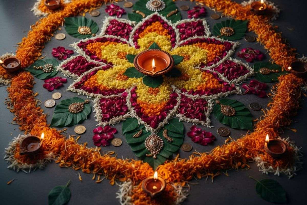 Rangoli Design For Dhanteras: मां लक्ष्मी को खुश करने के लिए धनतेरस पर बनाएं ये रंगोली डिजाइन 1 Flower Design