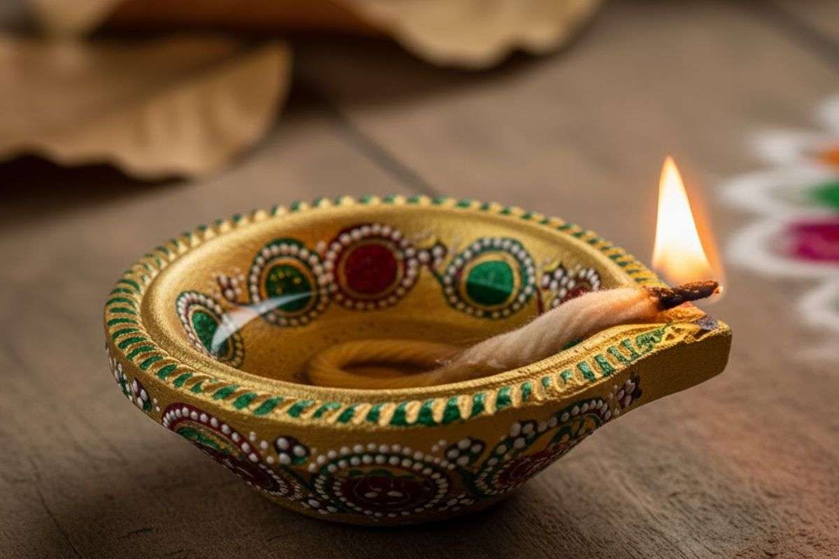 golden painted diya