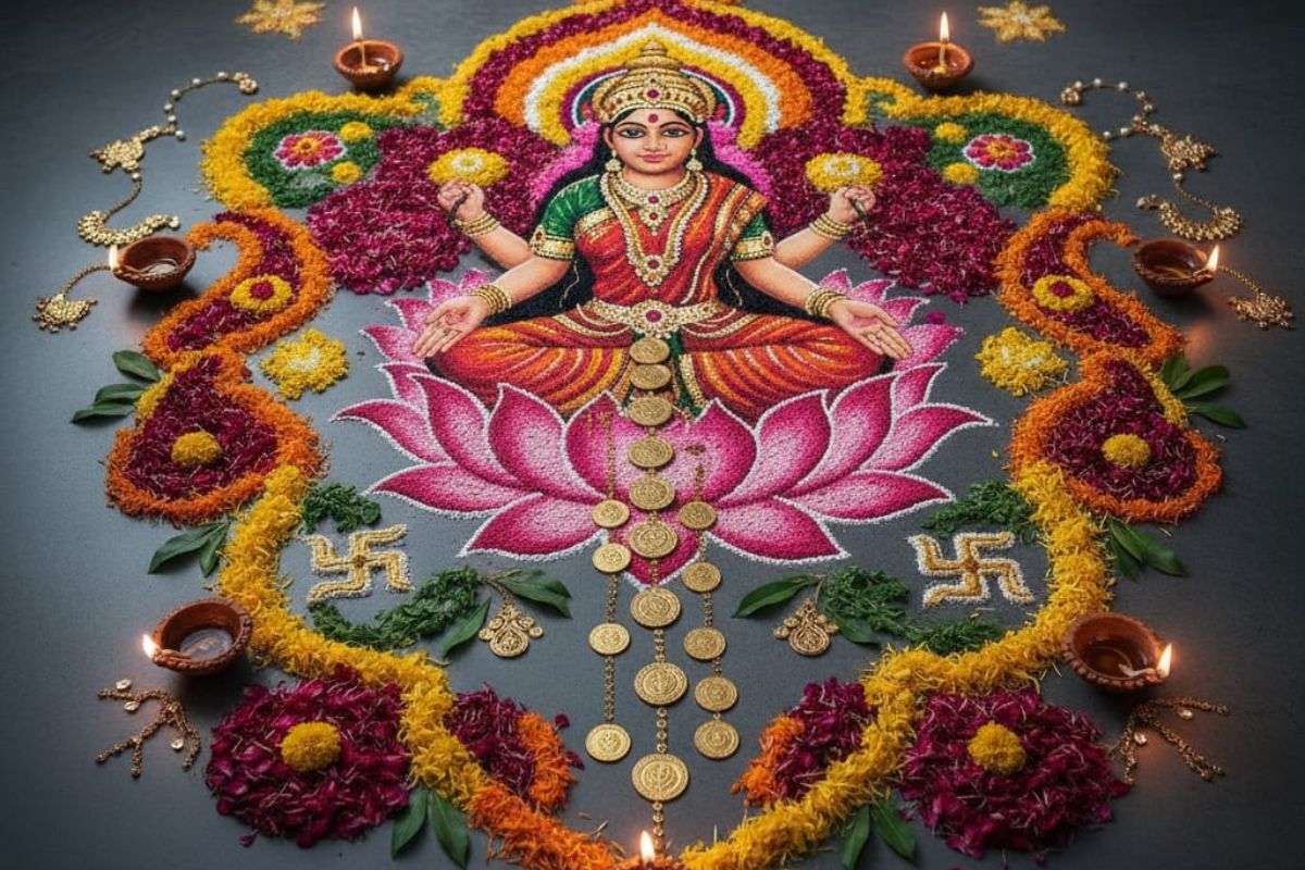 Rangoli Design For Dhanteras: मां लक्ष्मी को खुश करने के लिए धनतेरस पर बनाएं ये रंगोली डिजाइन 3 Laxmi Mata