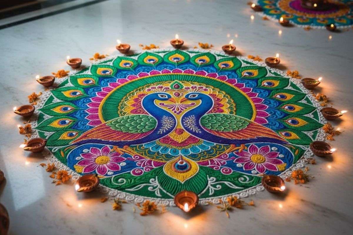 Rangoli Design For Dhanteras: मां लक्ष्मी को खुश करने के लिए धनतेरस पर बनाएं ये रंगोली डिजाइन 6 Peacock Rangoli Desigen