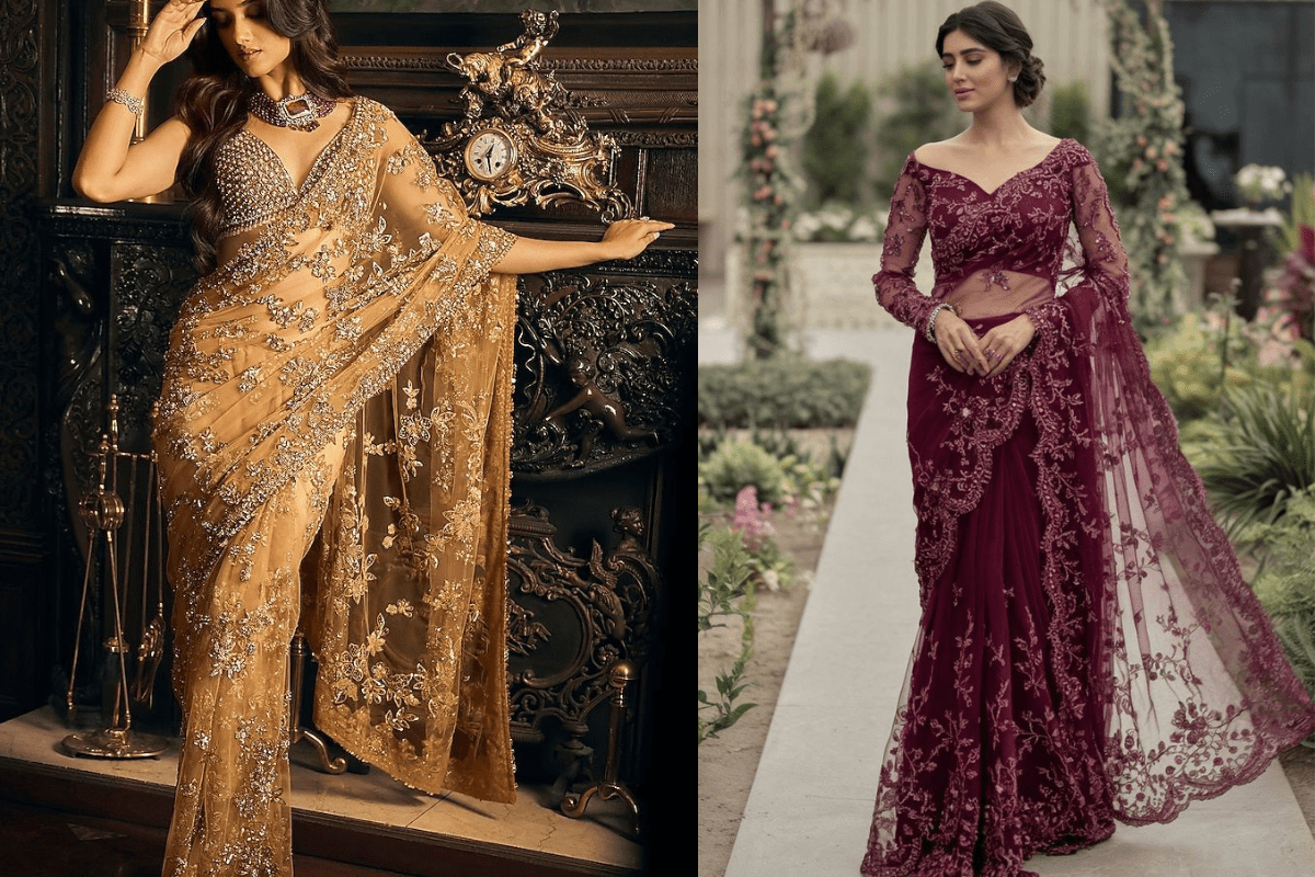 Net Saree Reception Look