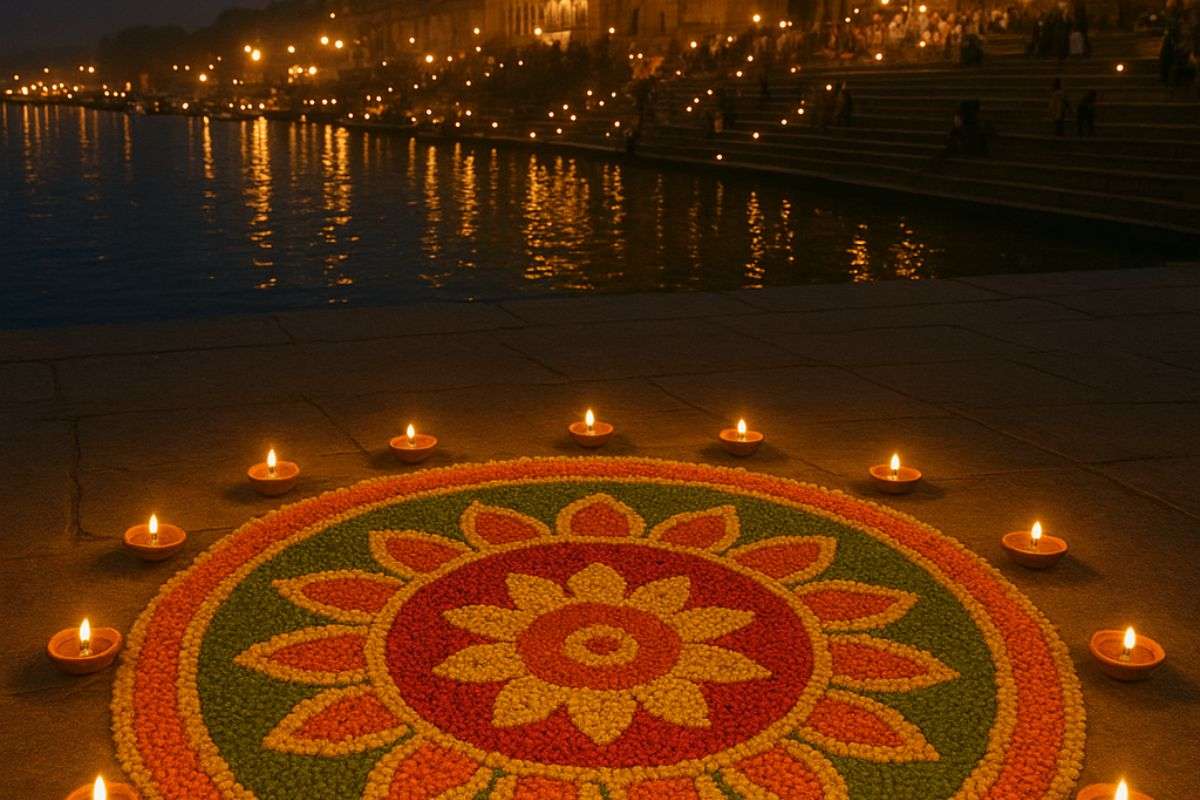 flower with diya rangoli