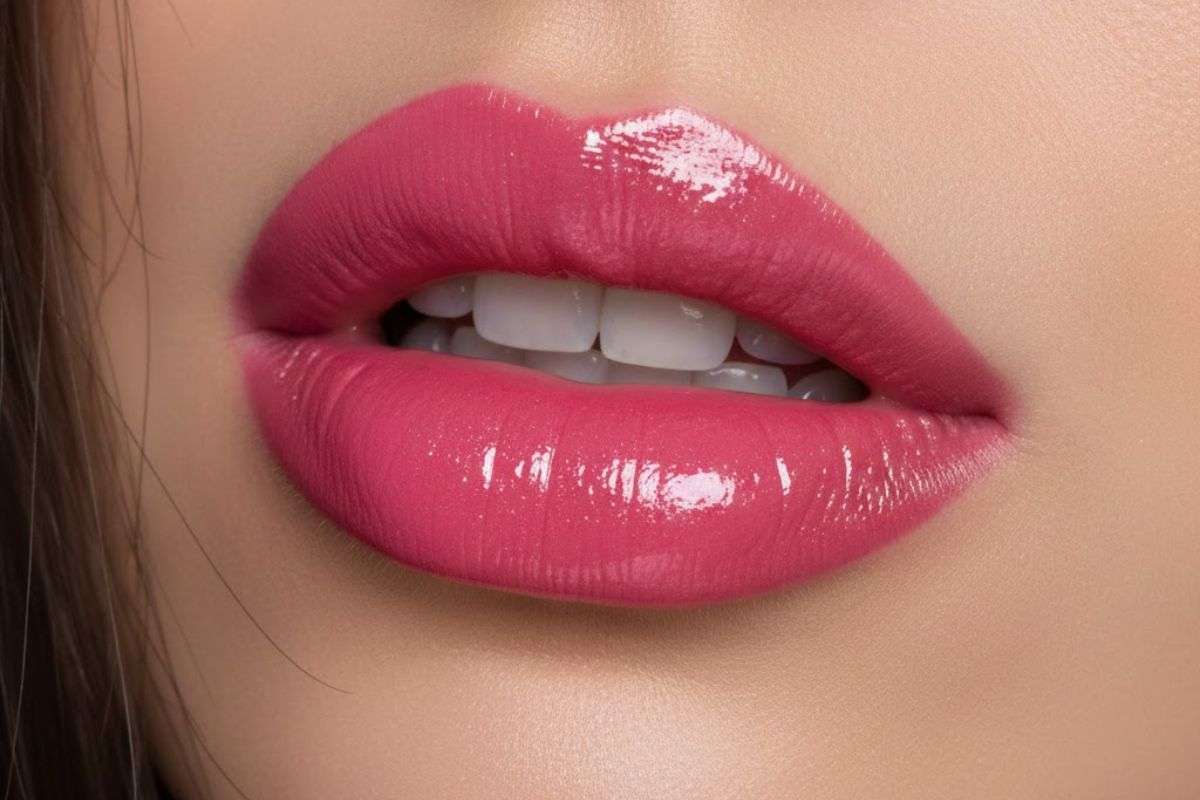 glossy pink lipstick shade