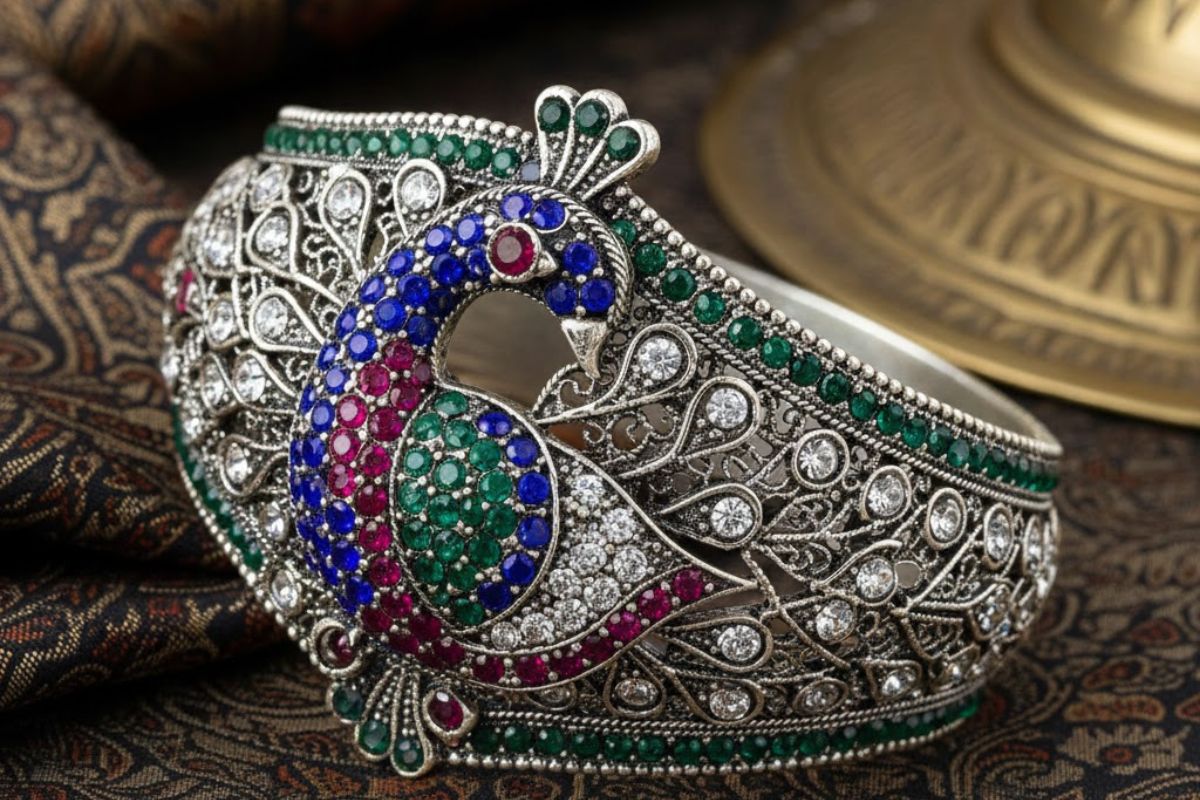 AD Stone Peacock Bangle Bracelet