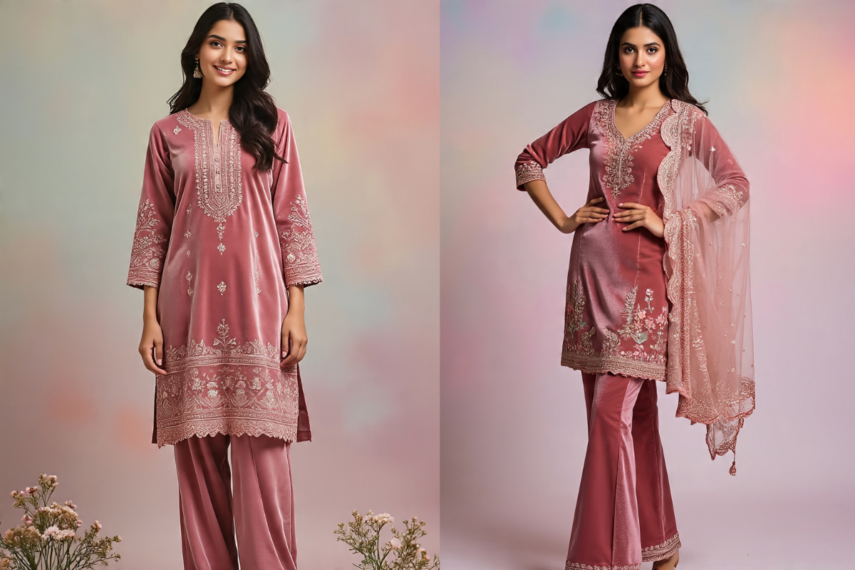 Latest Velvet Kurti Designs: सर्दियों की पार्टी के लिए स्टाइलिश, रॉयल और ट्रेंडिंग वेलवेट कुर्ती डिजाइंस 2 Baby Pink Velvet Kurti Designs