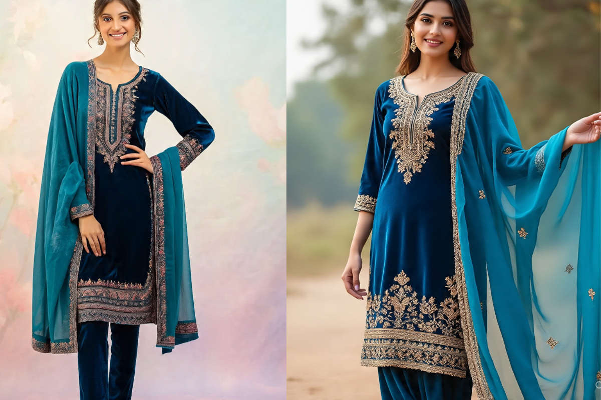 Latest Velvet Kurti Designs: सर्दियों की पार्टी के लिए स्टाइलिश, रॉयल और ट्रेंडिंग वेलवेट कुर्ती डिजाइंस 7 Blue Velvet Kurti Designs