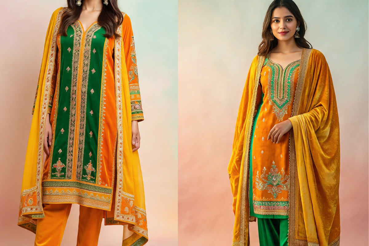 Latest Velvet Kurti Designs: सर्दियों की पार्टी के लिए स्टाइलिश, रॉयल और ट्रेंडिंग वेलवेट कुर्ती डिजाइंस 5 Color Mix Orange Yellow Green Velvet Kurti Designs