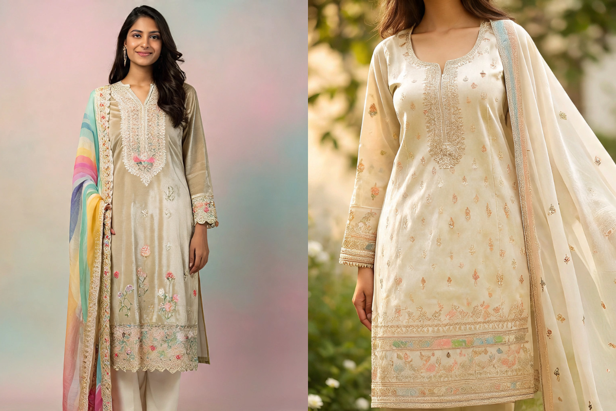 Latest Velvet Kurti Designs: सर्दियों की पार्टी के लिए स्टाइलिश, रॉयल और ट्रेंडिंग वेलवेट कुर्ती डिजाइंस 4 Off White Velvet Kurti Designs