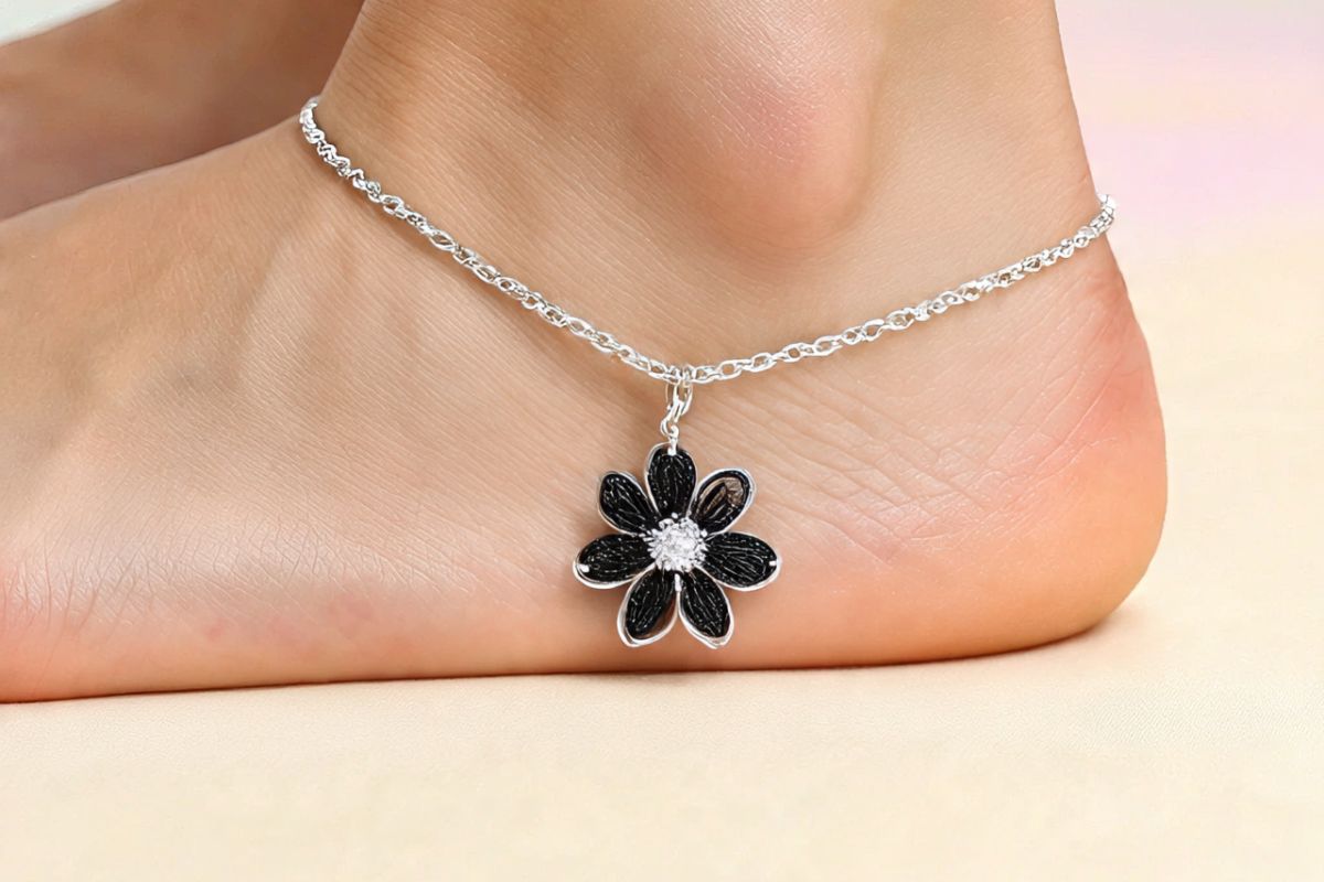 Silver Flower Black Thread Anklet