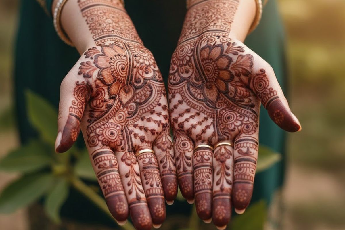 Makar Sankranti Special Mehndi Designs: मकर संक्राति पर हाथों में रचाएं मेहंदी के ये फैन्सी डिजाइन 4 Front Hand Heavy Look Mehndi Design