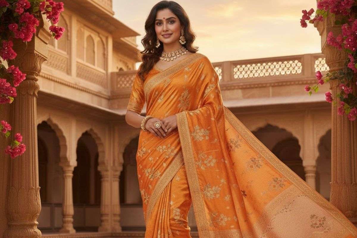 Makar Sankranti Special Saree: मकर संक्रांति पर पहनें इन रंगों की साड़ियां, स्टनिंग लुक देख दीवाने हो जाएंगे लोग 1 Orange Coloured Kanjeevaram Saree