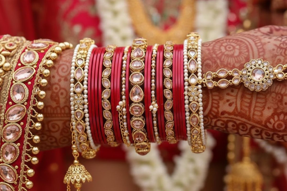 Red And Pink Kundan Crystal Bangle Design