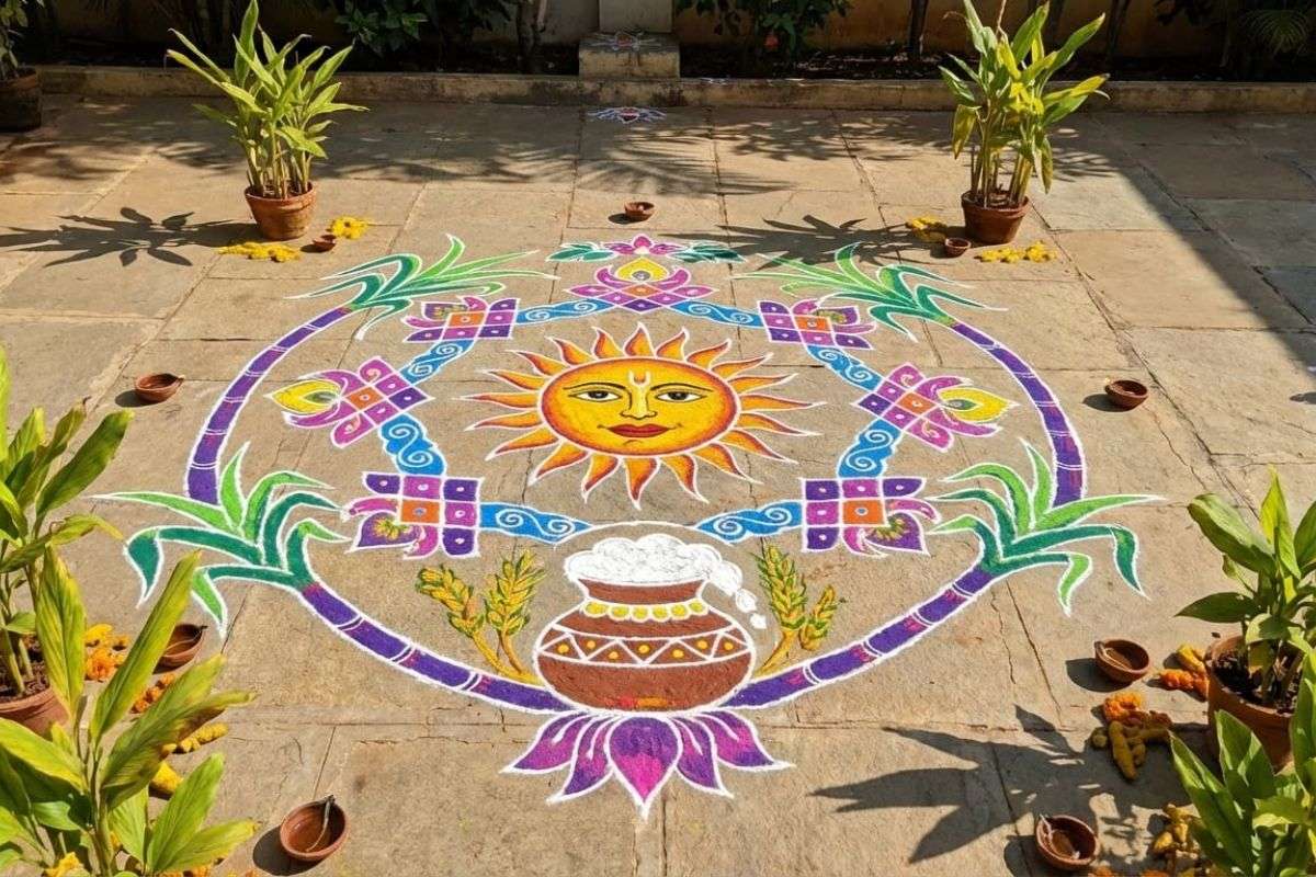 Sun &Amp; Sugarcane Pongal Kolam
