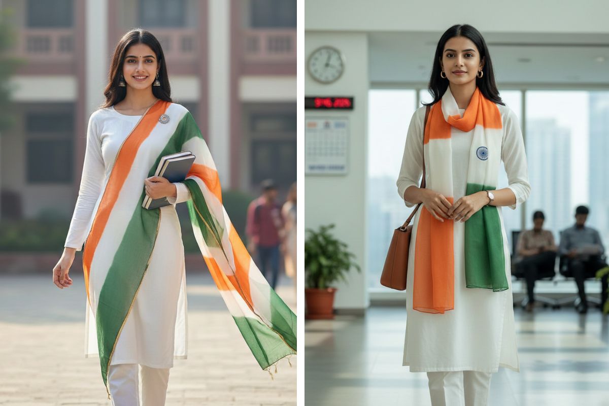 White kurti styled with a vibrant tricolour dupatta for Republic Day