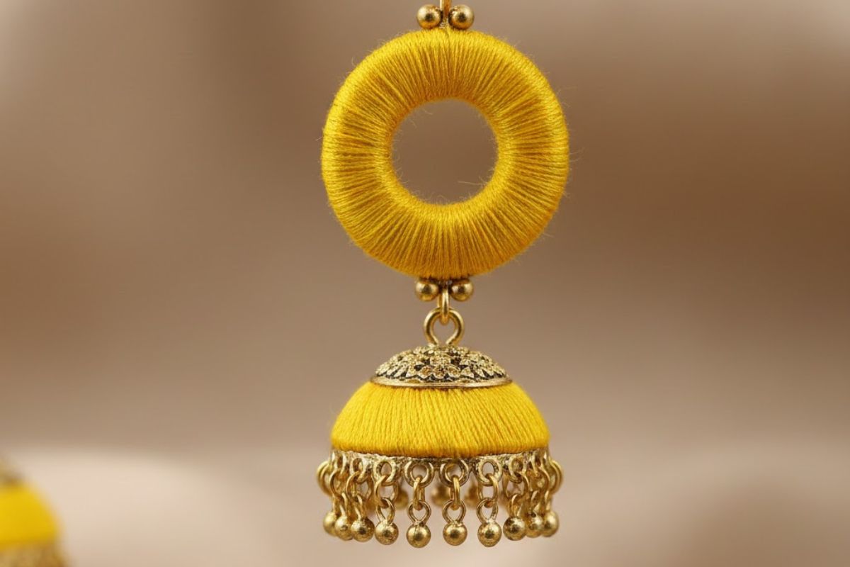 Yellow Thread Work Jhumka