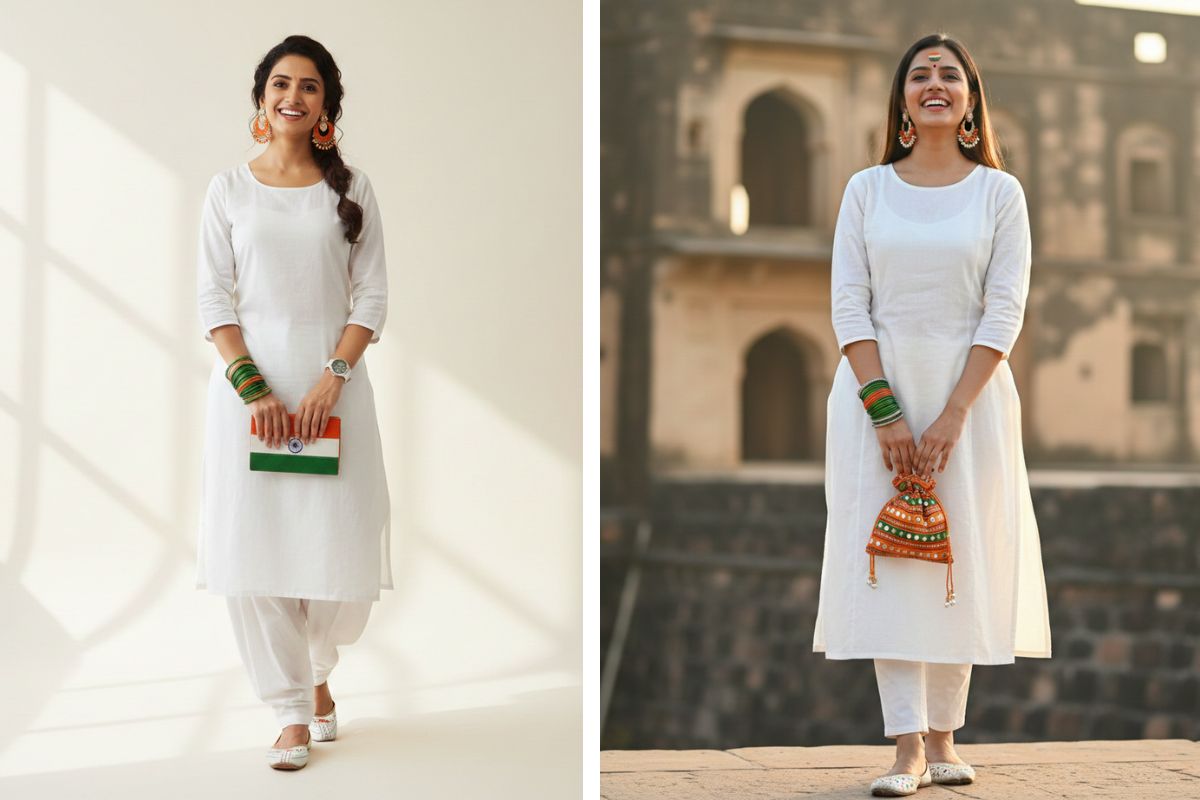 Saffron and green ethnic jewelry paired with a simple white kurti