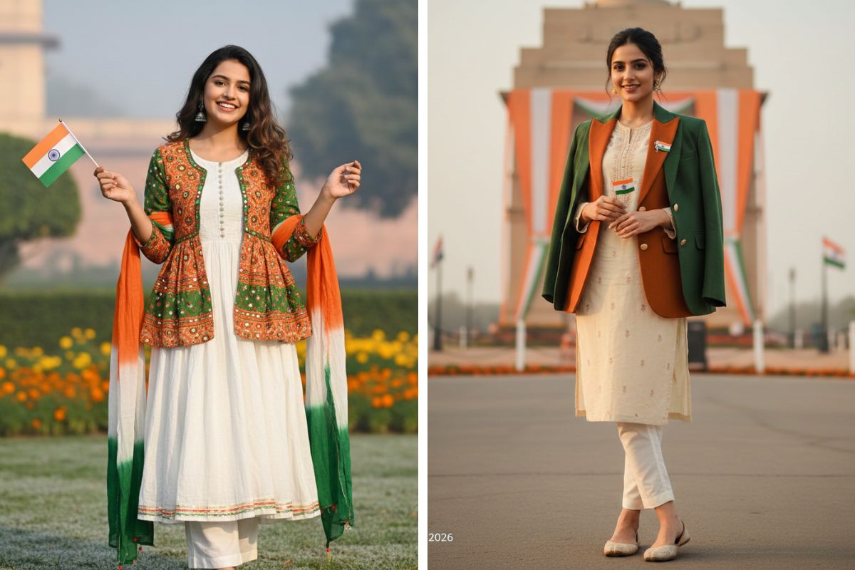 White kurti layered with an embroidered orange jacket for a festive look