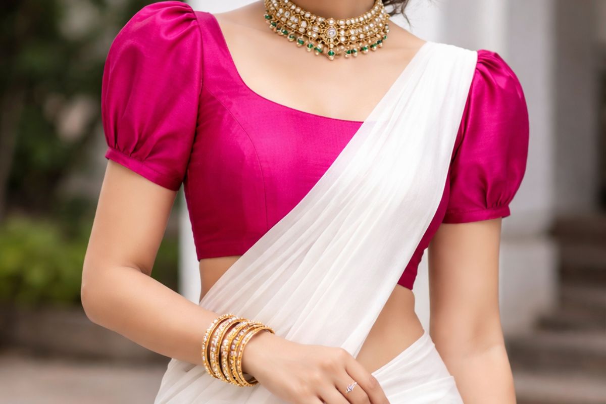 dark pink blouse white saree