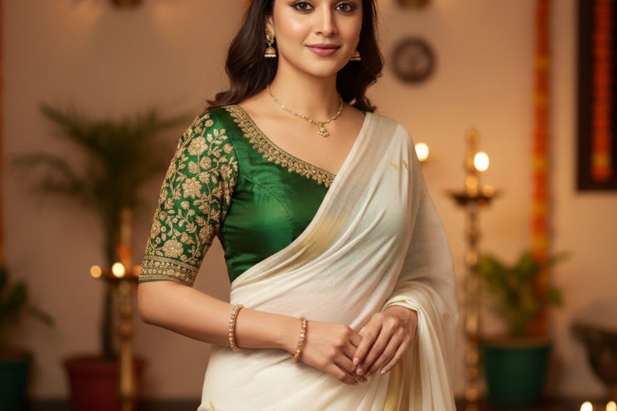 green blouse white saree