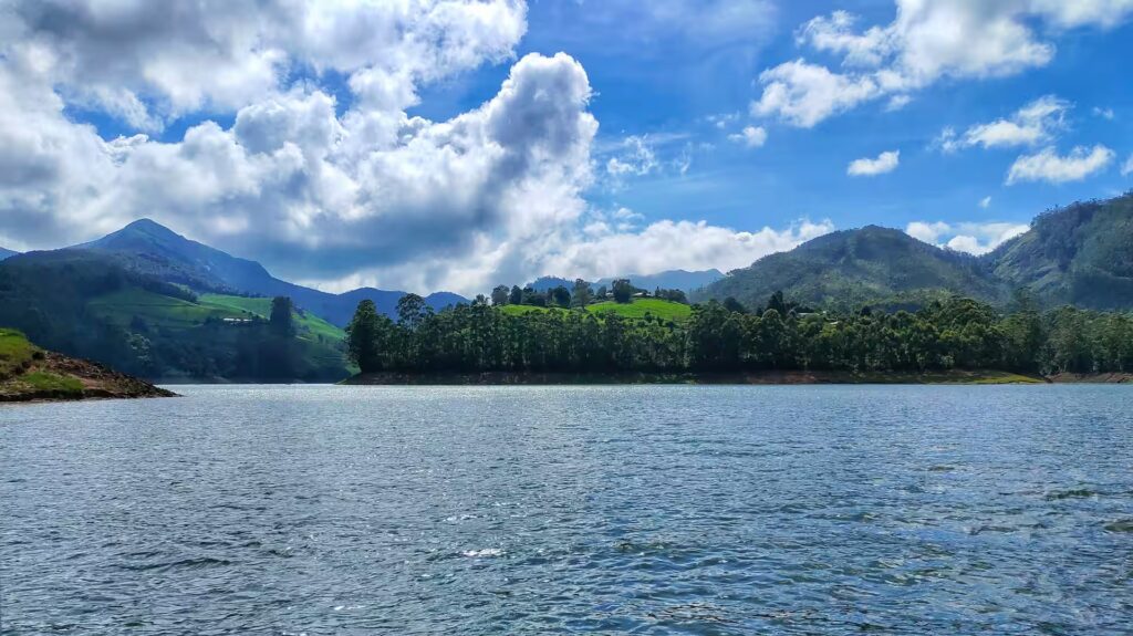 Mattupetty Dam reservoir view with hills in Munnar Kerala