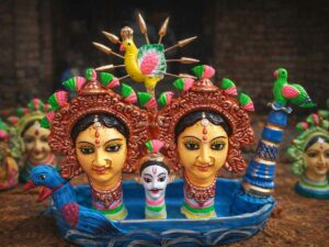 सामा-चकेवा पर्व में मिट्टी की मूर्तियां और जलते दीपक