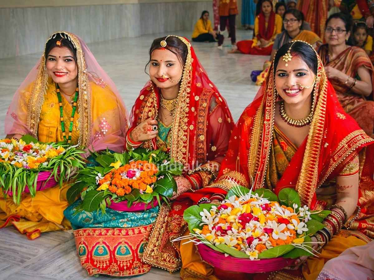 मधुश्रावणी पर्व में नवविवाहिताएं नाग पूजा करती हुई