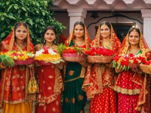 मधुश्रावणी पर्व में नवविवाहिताएं नाग पूजा करती हुई