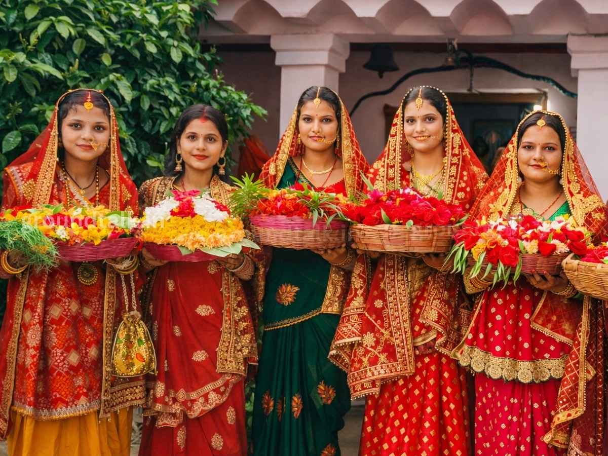 मधुश्रावणी पर्व में नवविवाहिताएं नाग पूजा करती हुई