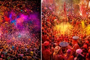 वृंदावन होली के दौरान बांके बिहारी मंदिर की भीड़