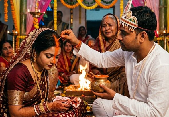 बिहारी दुल्हन की मांग में भरा हुआ नारंगी भखरा सिंदूर और सिंदूरदानी