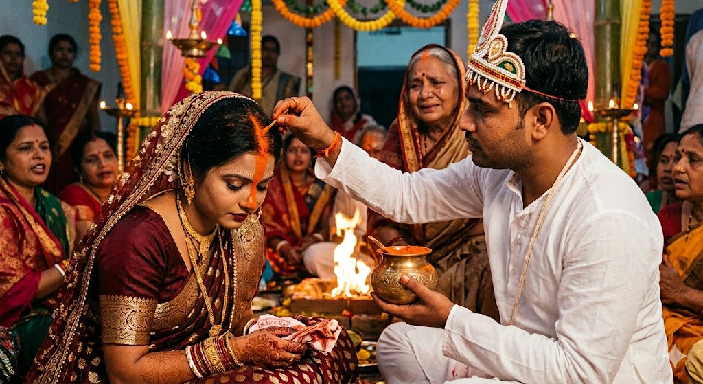 बिहारी दुल्हन की मांग में भरा हुआ नारंगी भखरा सिंदूर और सिंदूरदानी