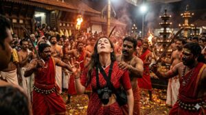 कोडुंगल्लूर भरणी उत्सव में तलवार लेकर नाचते कोमरम