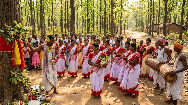 सरहुल त्योहार में सखुआ फूलों के साथ आदिवासी नृत्य
