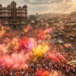 इंदौर राजवाड़ा में रंगपंचमी के दिन निकलती प्रसिद्ध गेर यात्रा में उड़ता गुलाल और हजारों लोगों की भीड़