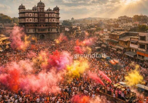 इंदौर राजवाड़ा में रंगपंचमी के दिन निकलती प्रसिद्ध गेर यात्रा में उड़ता गुलाल और हजारों लोगों की भीड़