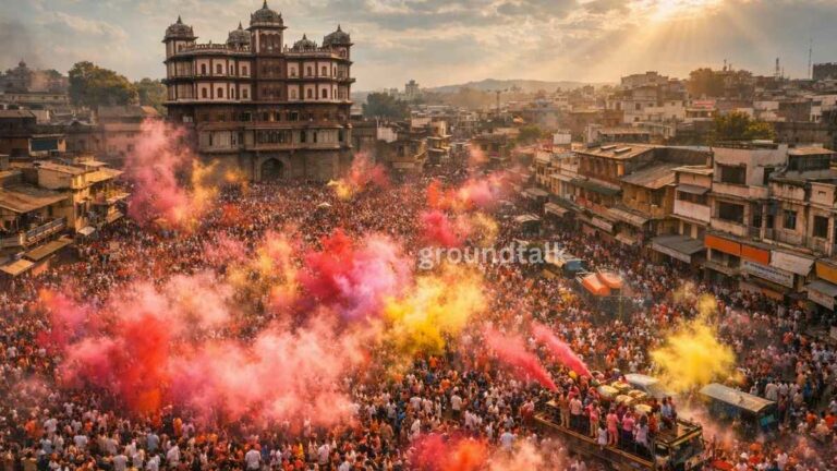 इंदौर राजवाड़ा में रंगपंचमी के दिन निकलती प्रसिद्ध गेर यात्रा में उड़ता गुलाल और हजारों लोगों की भीड़